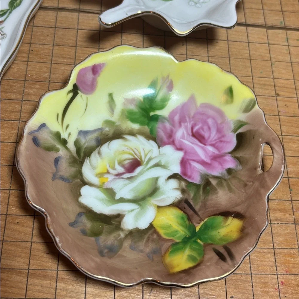 Lefton China 3 Dishes Lily of the Valley Leaf, Dogwood Tray Shape, Floral Design